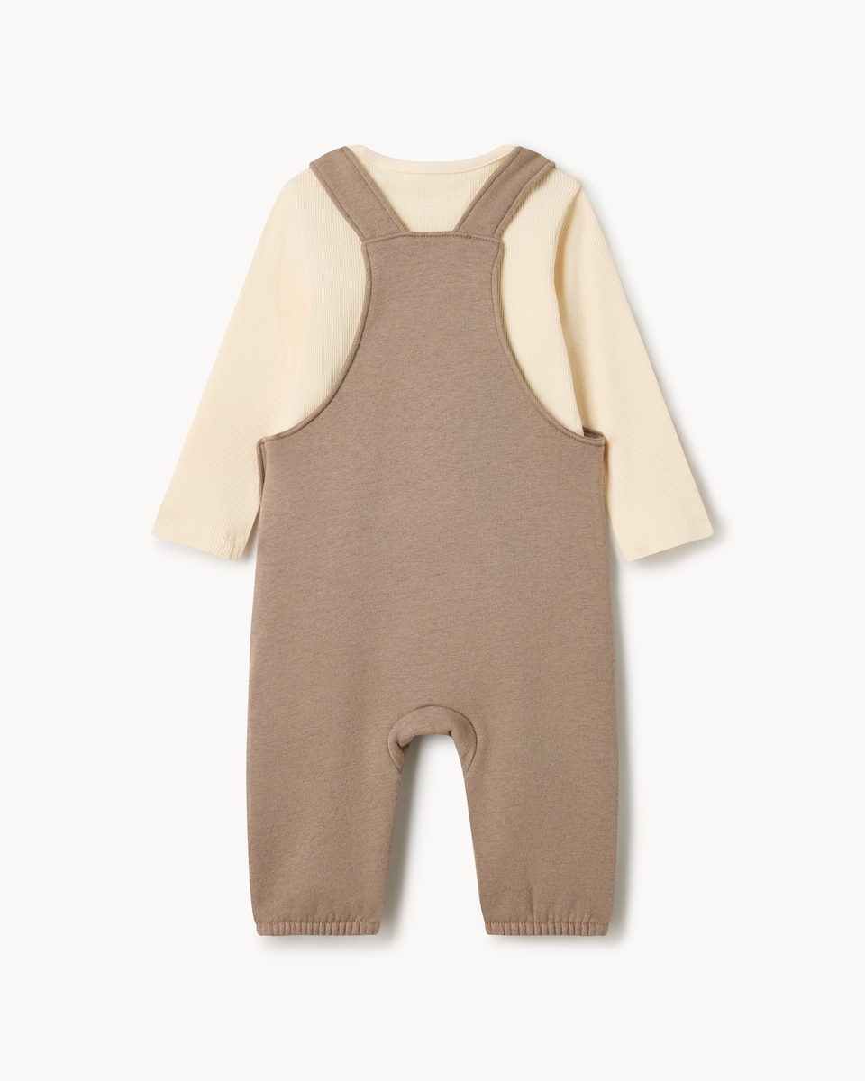 image 1 of F&F Baby Cotton Rich Teddy Bear Embroidered Dungarees and Bodysuit Set in Neutral