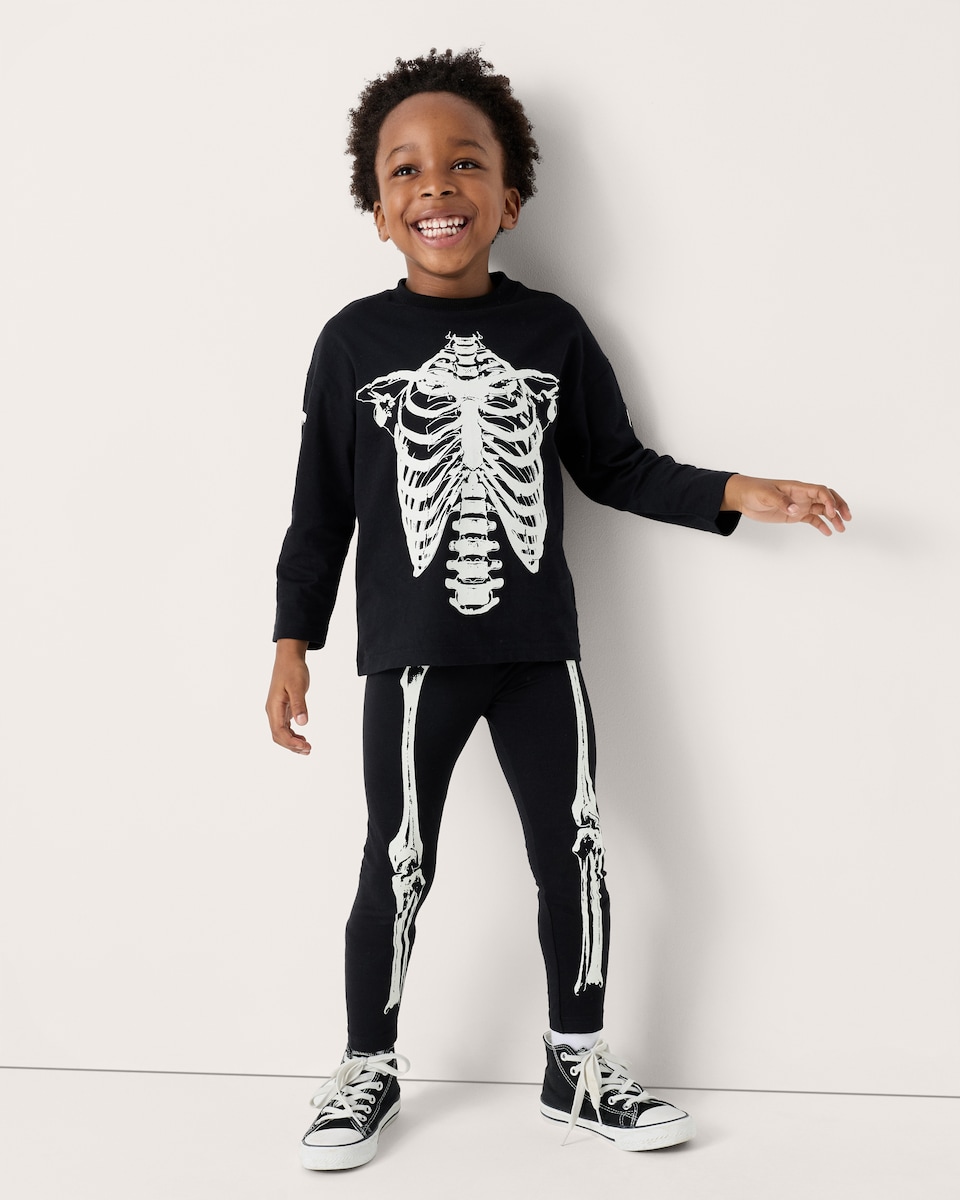 image 1 of F&F Boys Pure Cotton Halloween Skeleton Glow in the Dark Top and Leggings Set in Black