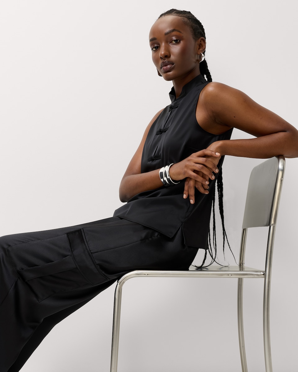 image 1 of F&F Satin Wide Leg Cargo Trousers in Black