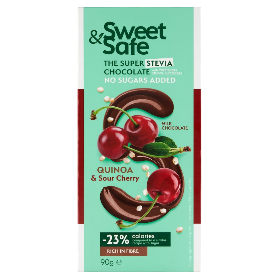 Sweet & Safe hozzáadott cukor nélkül készült tejcsokoládé quinoával, meggyel, édesítőszerekkel 90 g