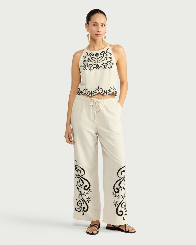 F&F Cotton Rich Embroidered Wide Leg Co-ord Trousers with Linen in Cream
