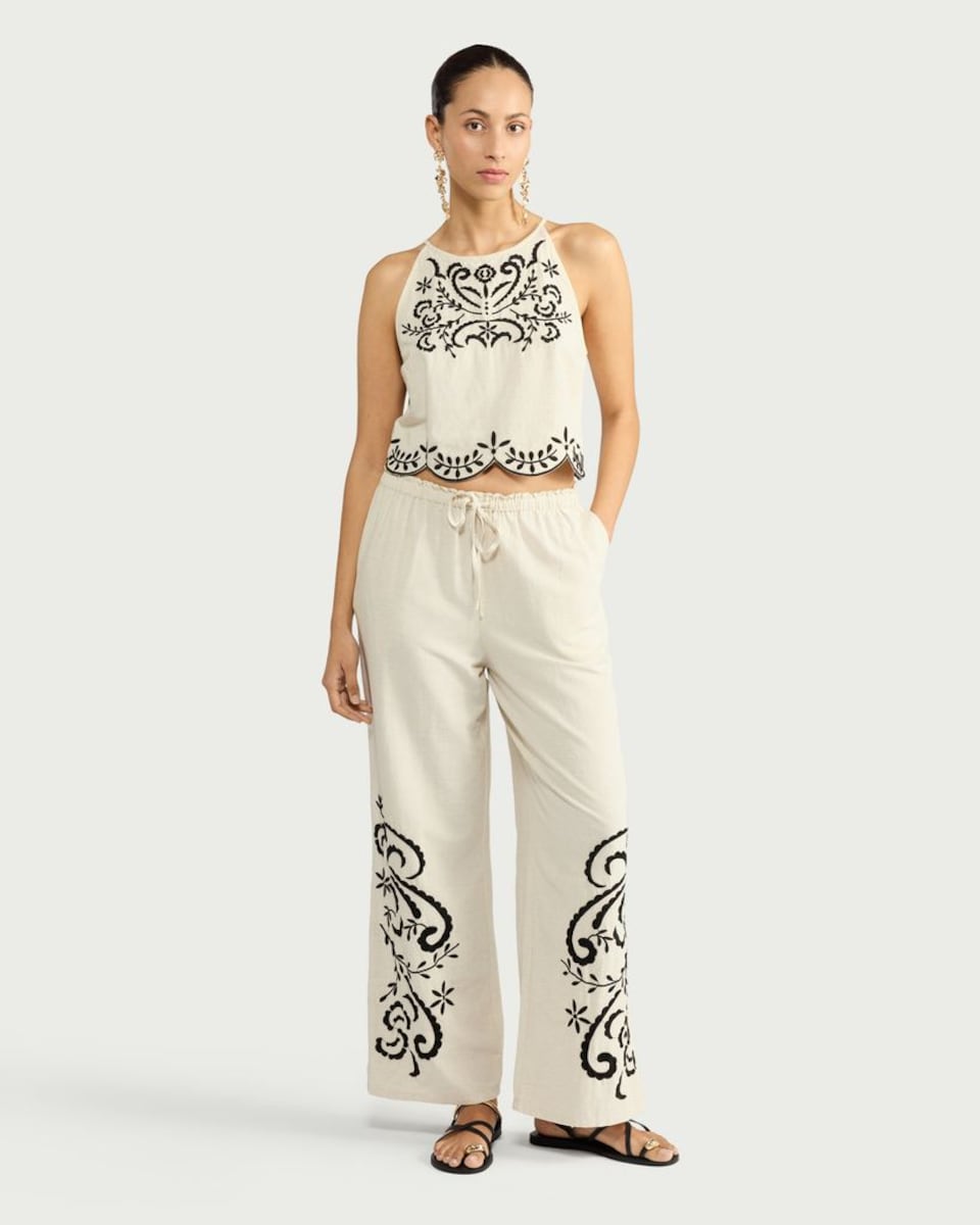 image 1 of F&F Cotton Rich Embroidered Wide Leg Co-ord Trousers with Linen in Cream