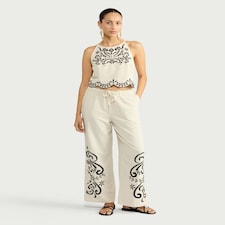F&F Cotton Rich Embroidered Wide Leg Co-ord Trousers with Linen in Cream