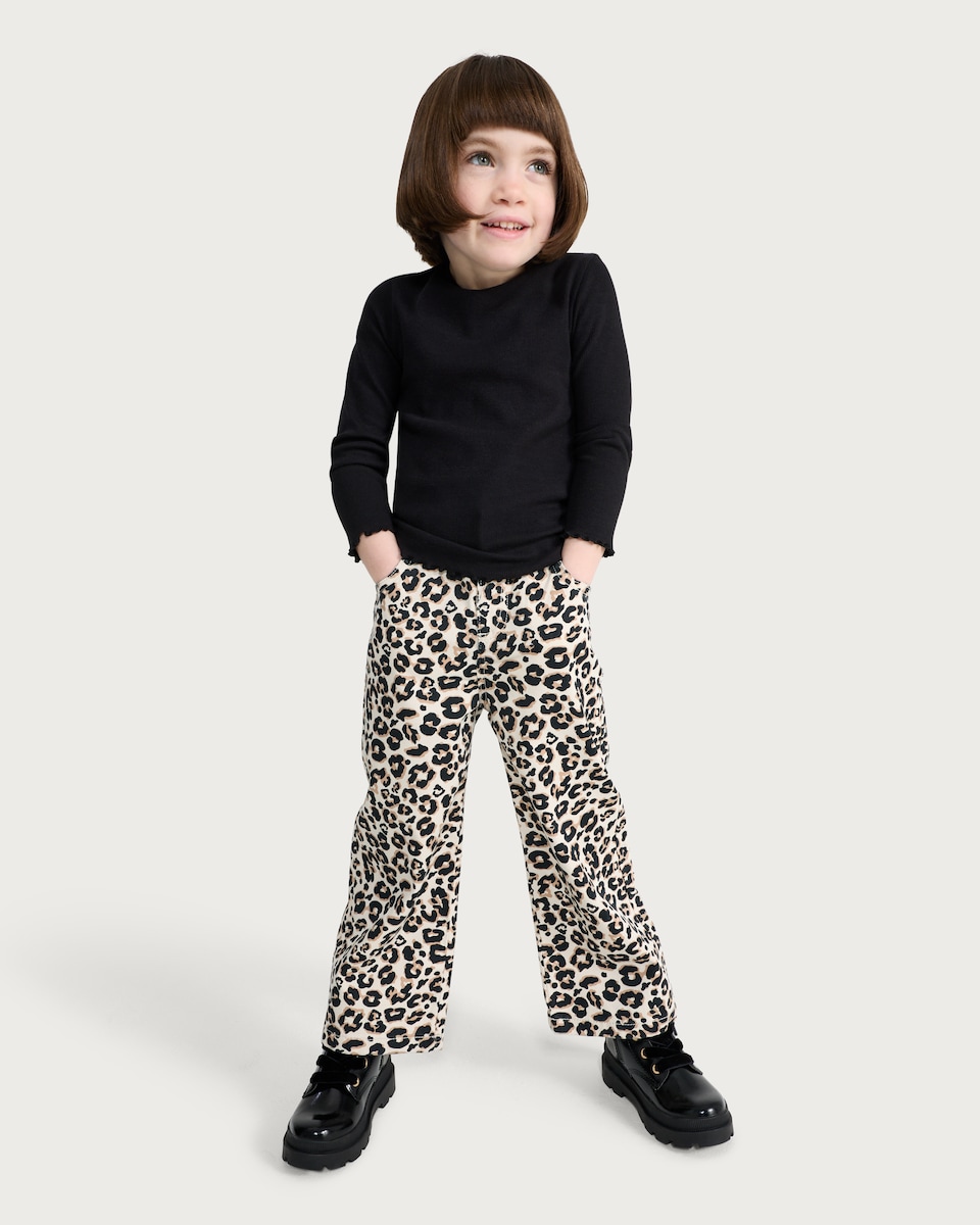 image 1 of F&F Girls Pure Cotton Leopard Print Wide Leg Jeans in Multi Brown