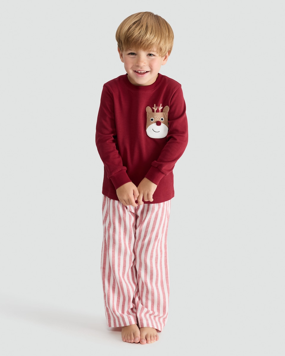 image 1 of F&F Boys Pure Cotton Reindeer Pocket Top and Trousers Pyjamas in Red