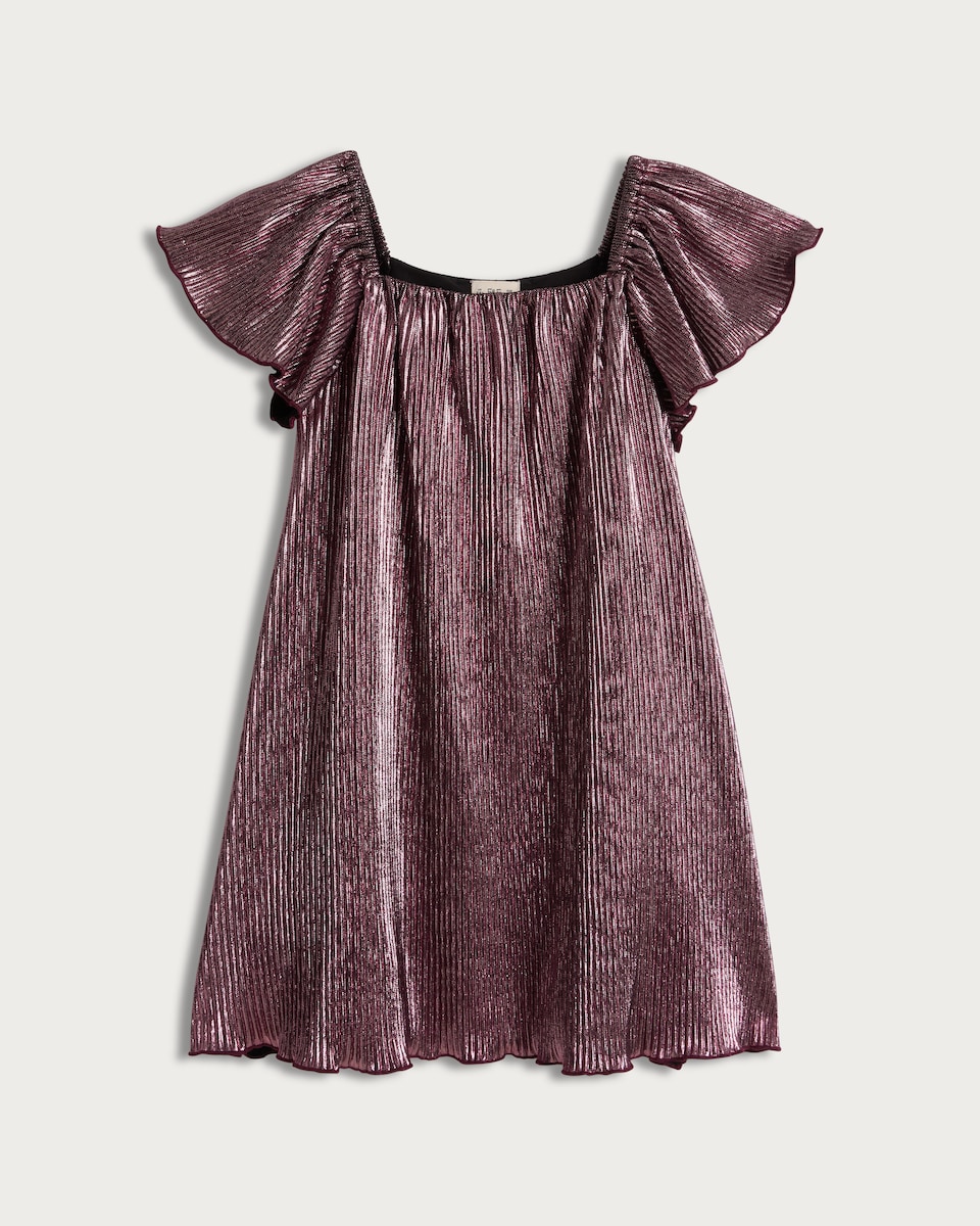 F&F Girls Pleated Metallic Flutter Sleeved Dress in Pink