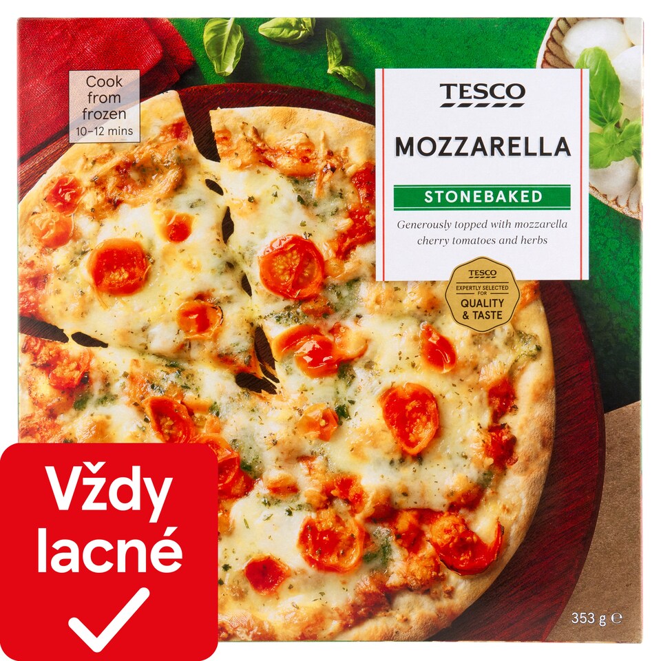 Tesco Pizza pečená v kamennej peci so syrmi mozzarella, eidam a cherry paradajkami 353 g