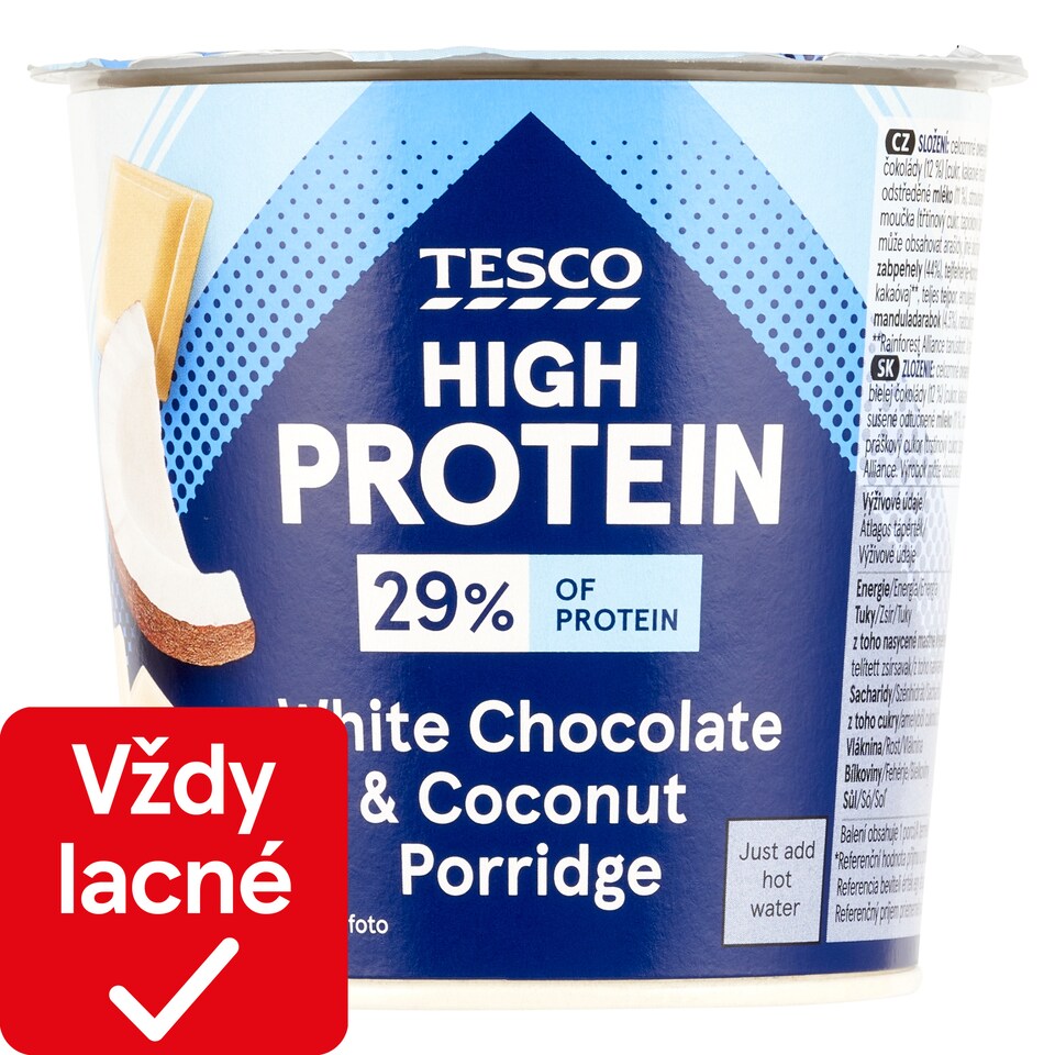 Tesco High Protein instantná ovsená kaša s kúskami bielej čokolády, kokosom a kúskami mandlí 65 g