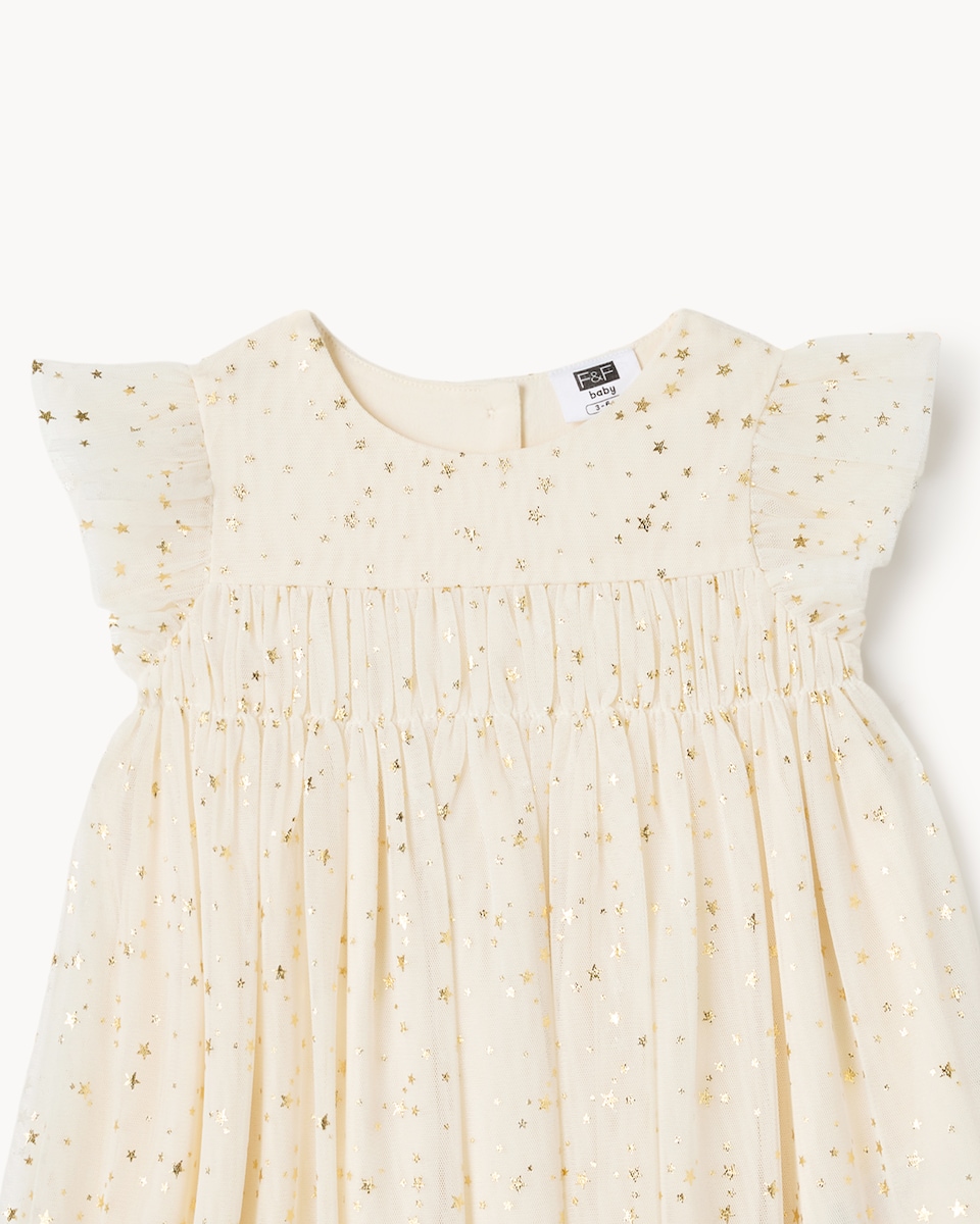 image 1 of F&F Baby Star Print Short Sleeved Party Dress in Cream