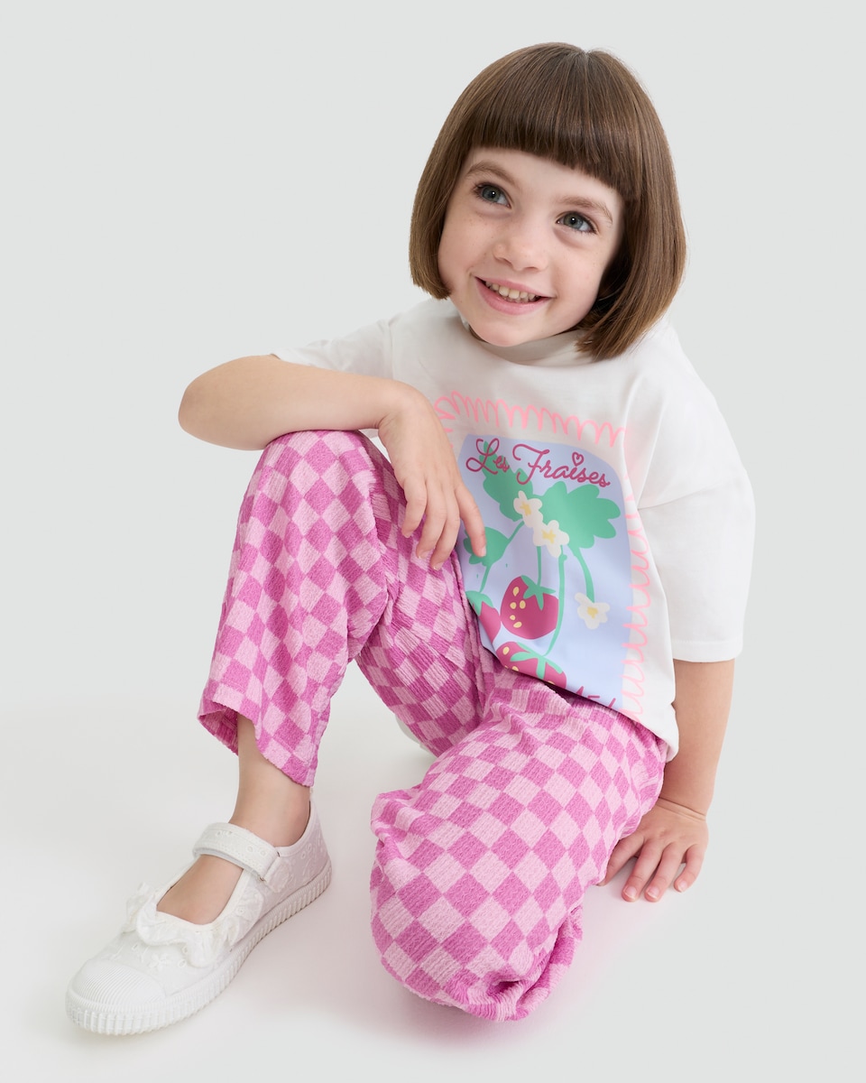 image 1 of F&F Girls 2-Piece Les Fraises T-Shirt and Check Trousers Set in Multi