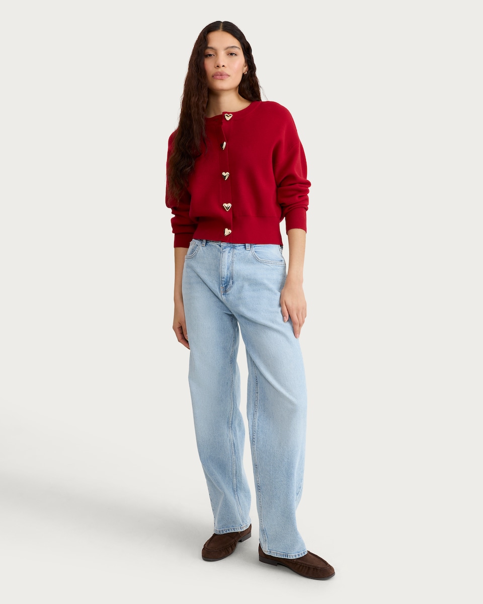 image 1 of F&F Heart Button Long Sleeved Cardigan in Red