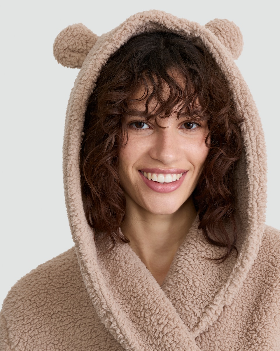 image 1 of F&F Fleece Textured Hooded Bear Ear Dressing Gown in Brown