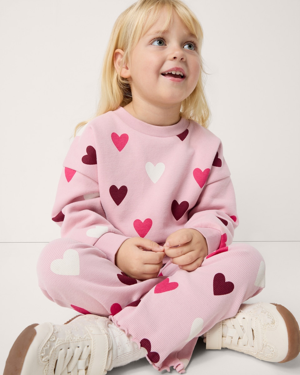 image 1 of F&F Girls Cotton Rich Heart Sweatshirt and Leggings Set in Multi Pink