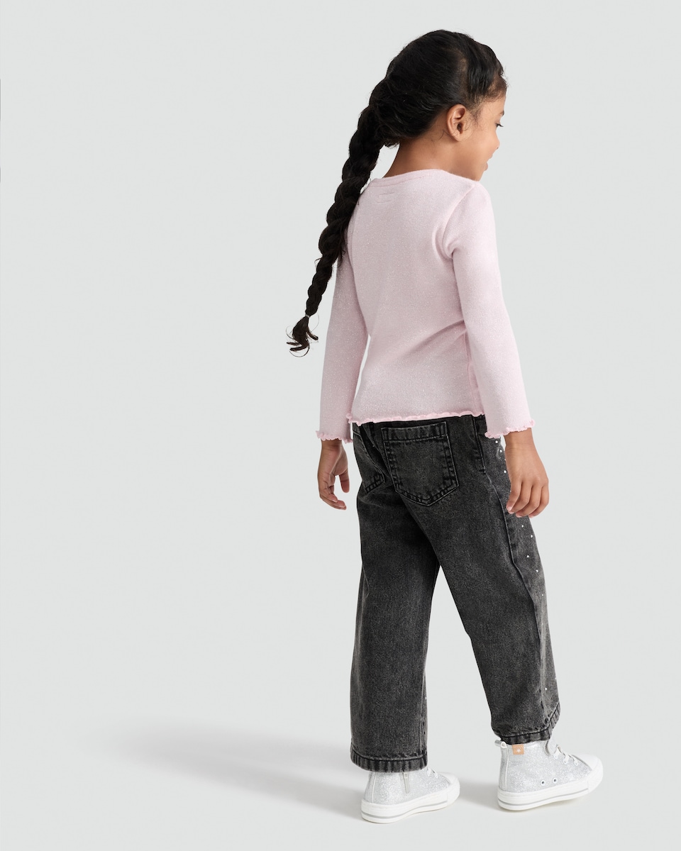 image 1 of F&F Girls 2-Piece Sparkle Top and Embellished Jeans Set in Black