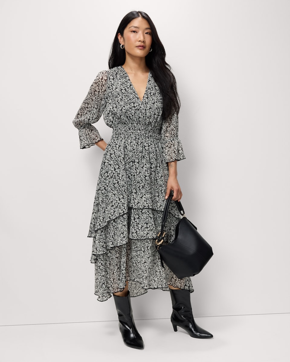 image 1 of F&F Chiffon Printed Tiered Midi Dress in Multi Black White