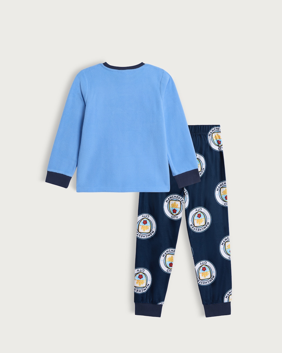 image 1 of Manchester City Football Club Print Minky Fleece Pyjamas in Blue