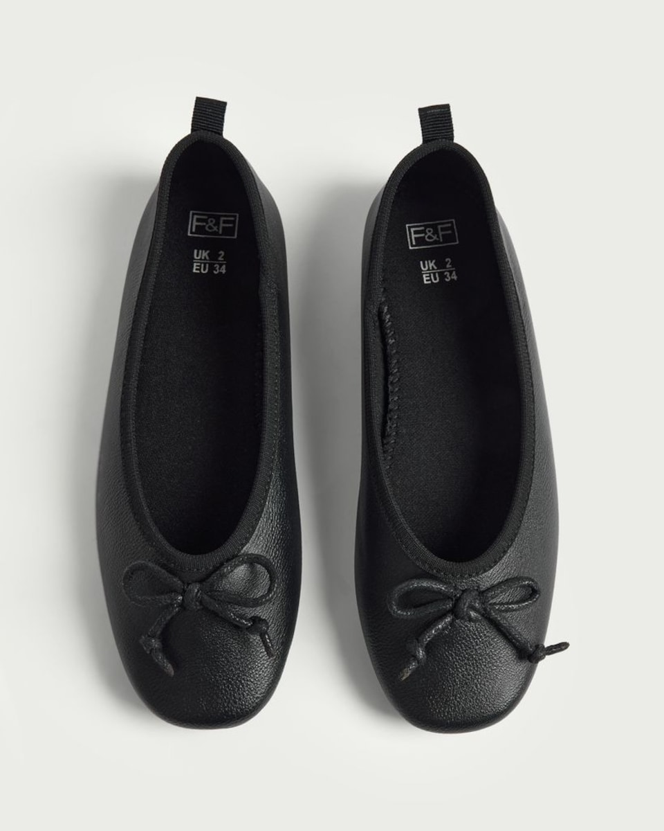 image 1 of F&F School Girls Bow Detail Ballet Flats in Black