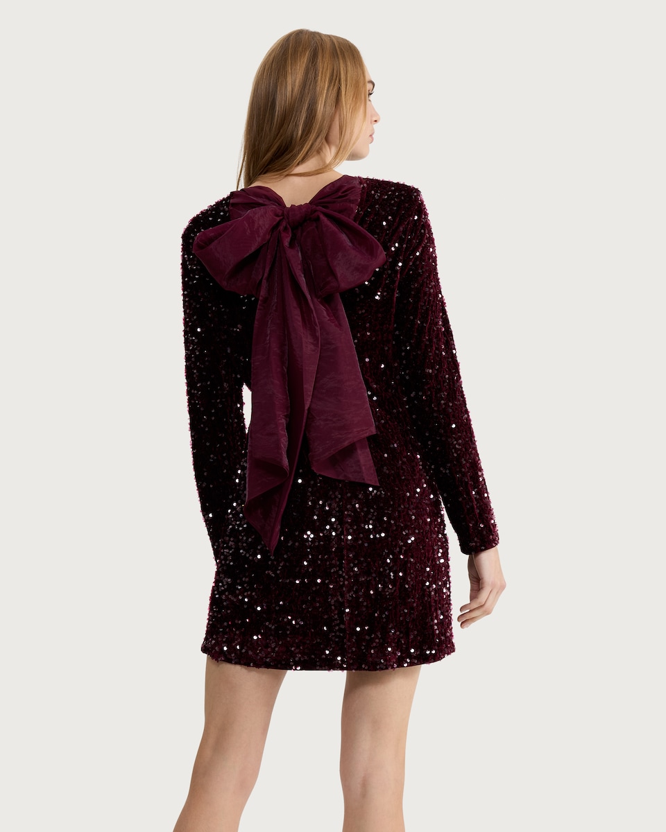 image 1 of F&F Sequin Embellished Long Sleeved Dress in Burgundy