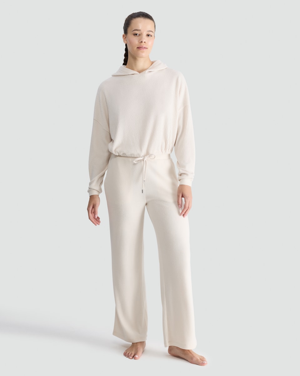 image 1 of The F&F Edit Ribbed Cropped Hoodie and Wide Leg Trousers Lounge Set in Cream