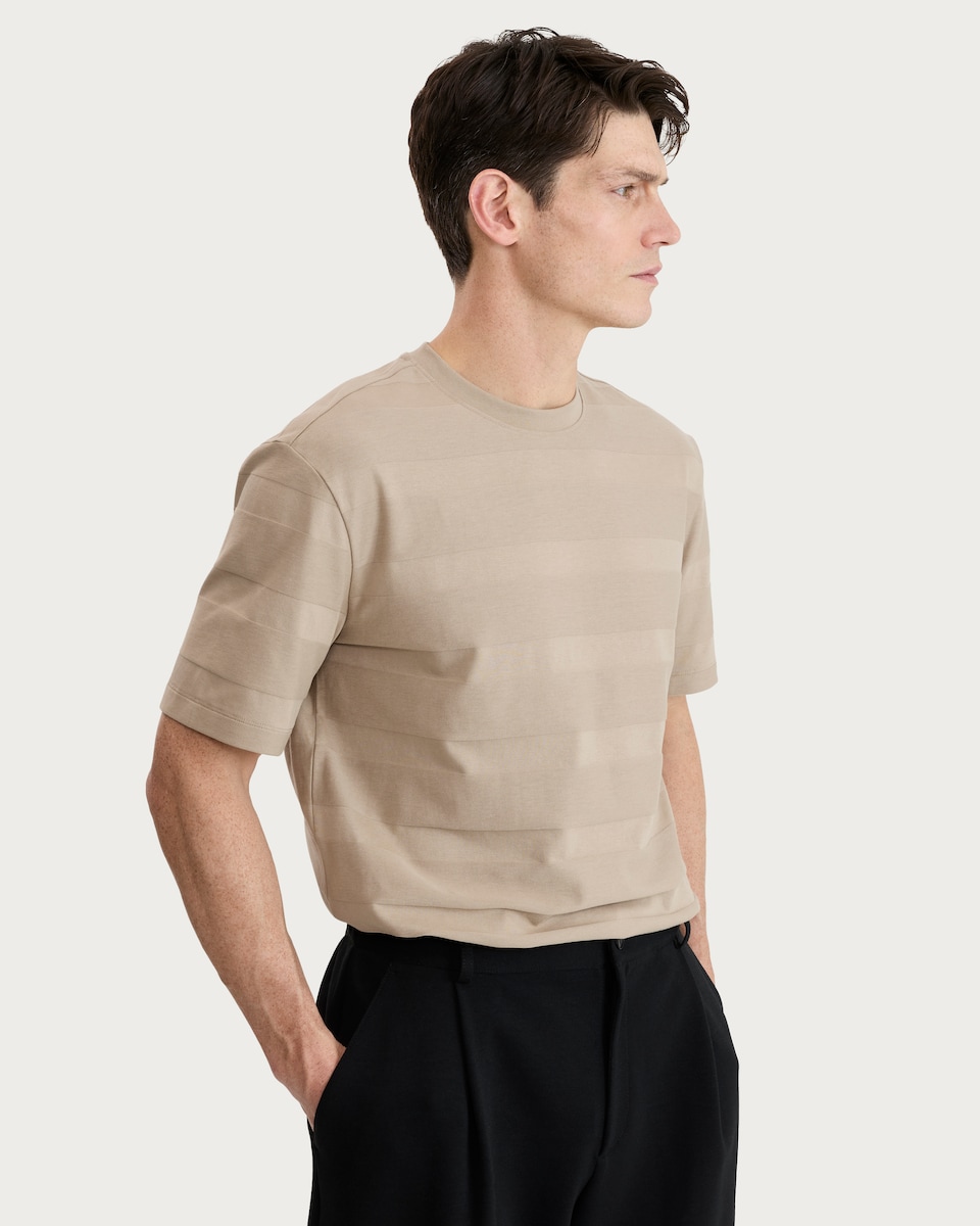 image 1 of F&F Cotton Rich Jacquard Stripe Short Sleeved T-Shirt in Stone