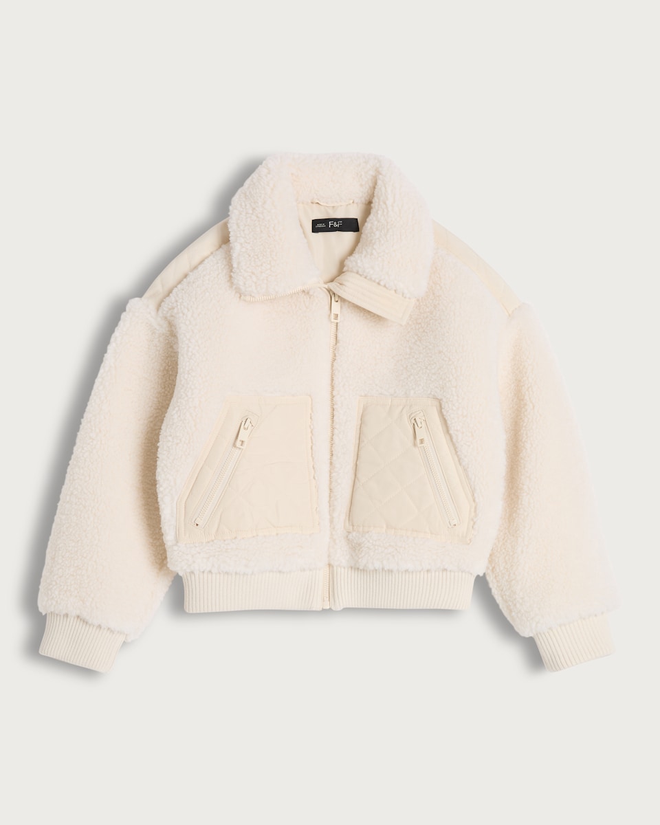 image 1 of F&F Girls Borg Quilted Zip Pocket Jacket in Cream