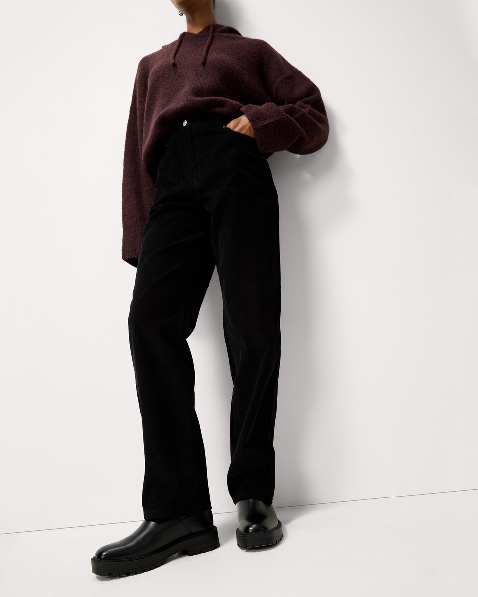 image 1 of F&F Pure Cotton Corduroy Straight Leg Trousers in Black