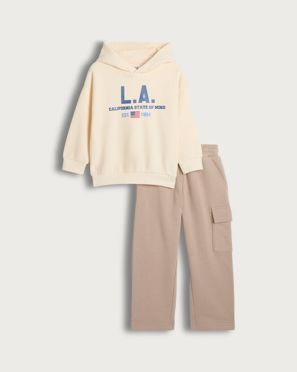 image 1 of F&F Cotton Rich L.A. Slogan Hoodie and Joggers Set in Multi