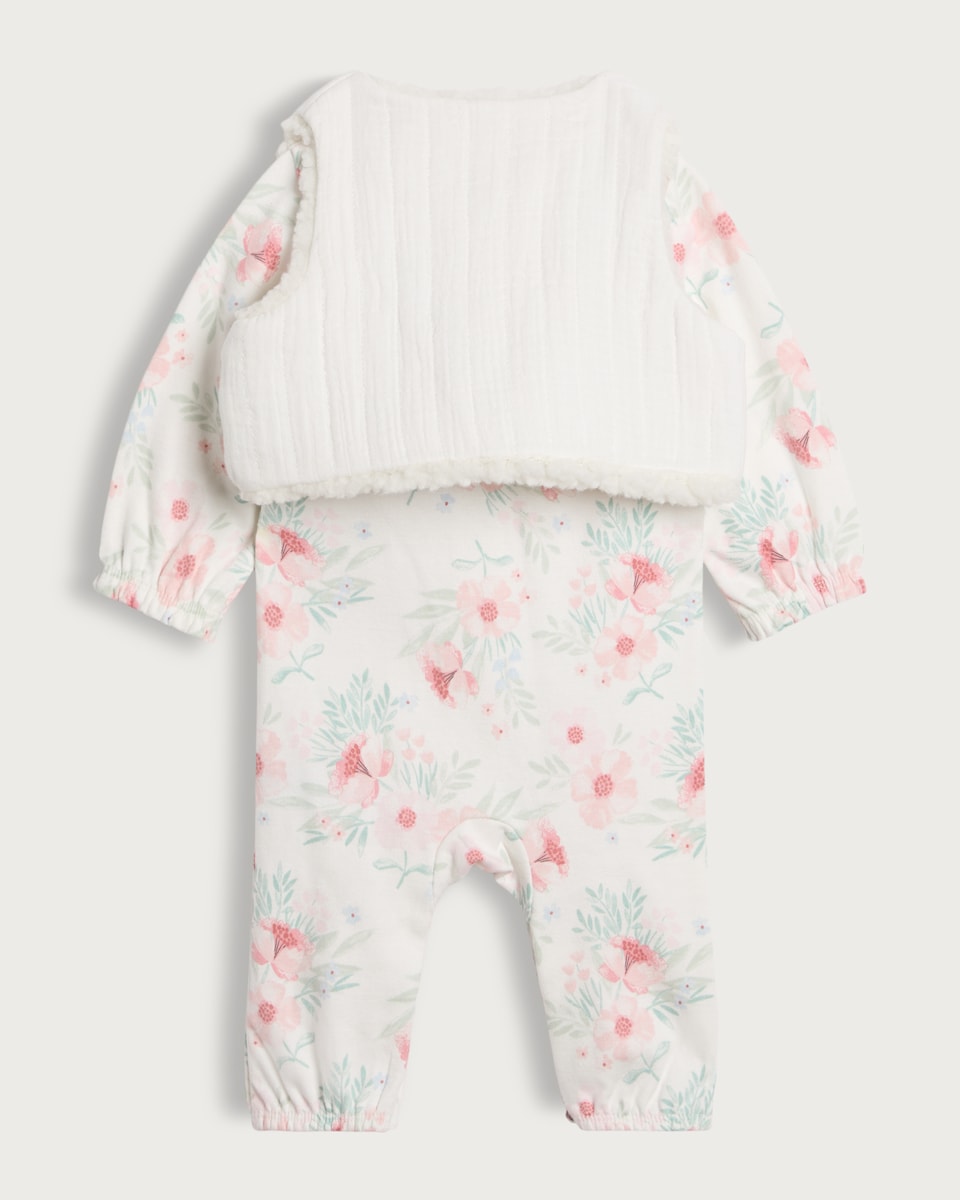 image 1 of F&F Baby 2-Piece Pure Cotton Floral Sleepsuit and Gilet Set in Multi Pink