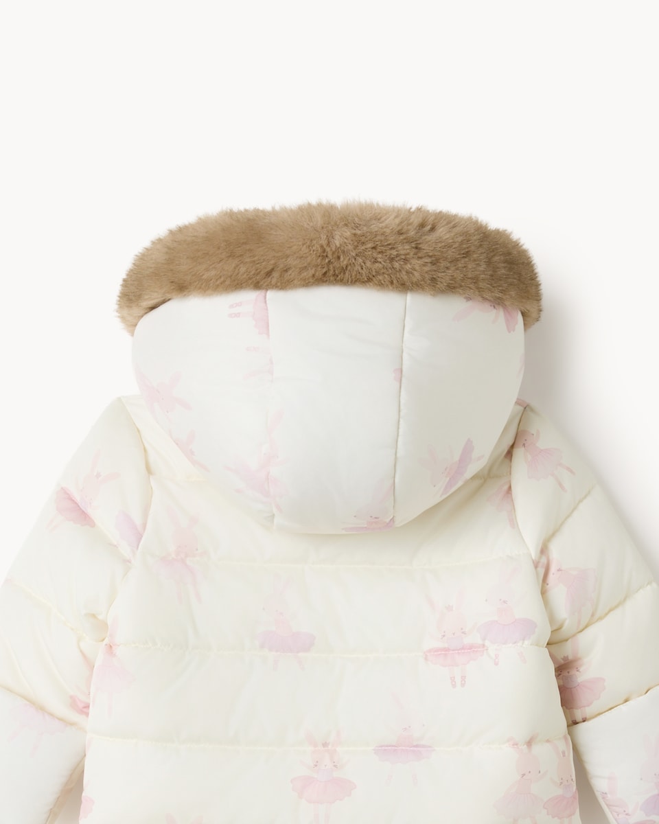 image 1 of F&F Baby Bunny Printed Padded Pramsuit in Cream