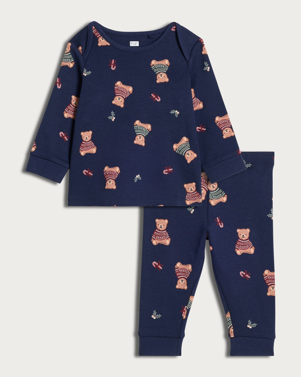 image 1 of F&F Baby Teddy Bear Print Matching Family Christmas Pyjamas in Navy