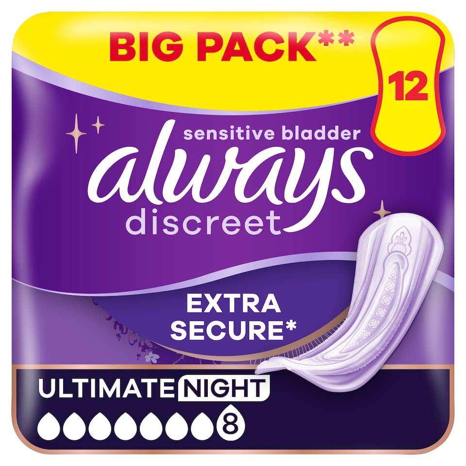 image 1 of Always Discreet Incontinence Ultimate Night Pads 12 Pack