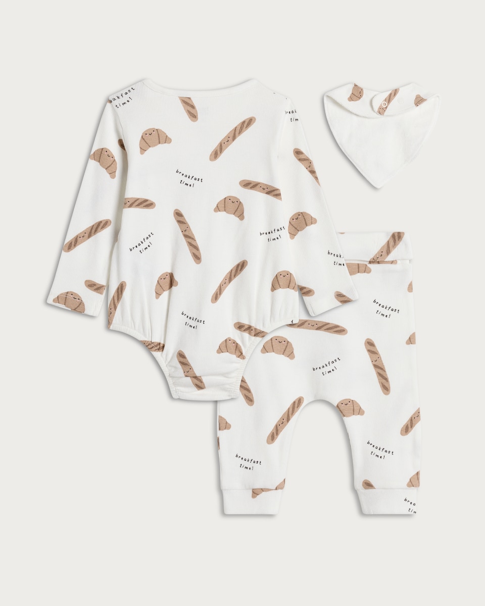 image 1 of F&F Baby 3-Piece Cotton Rich Breakfast Time Bodysuit, Leggings and Bib Set  in White