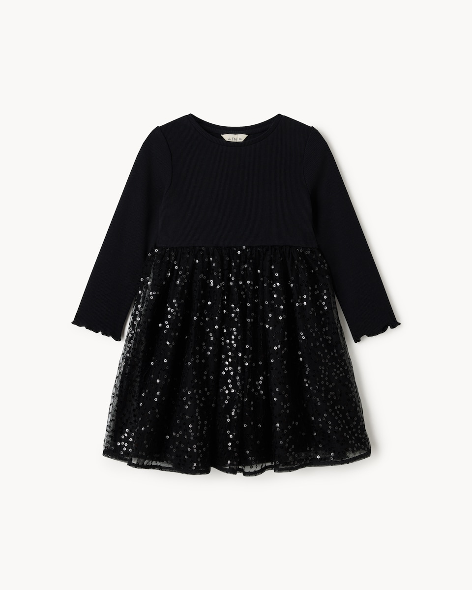 image 1 of F&F Girls Cotton Rich Sequin Tutu Dress in Black