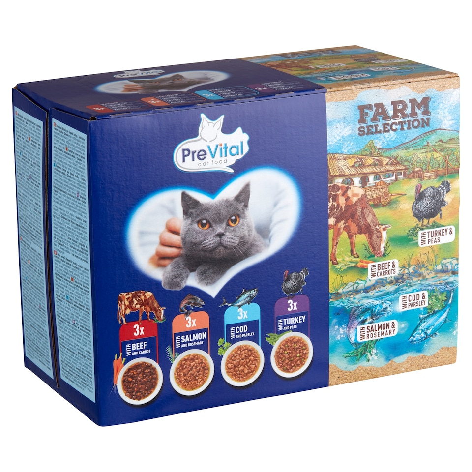PreVital Farm Selection nedves macskaeledel, macskatáp felnőtt macskának alutasakos 12 x 85 g 1. kép