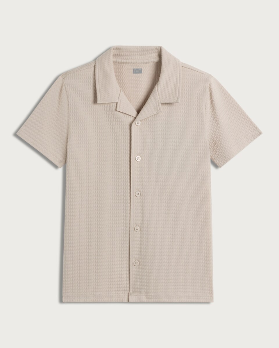 image 1 of F&F Boys Cotton Rich Textured Short Sleeved Shirt in Stone