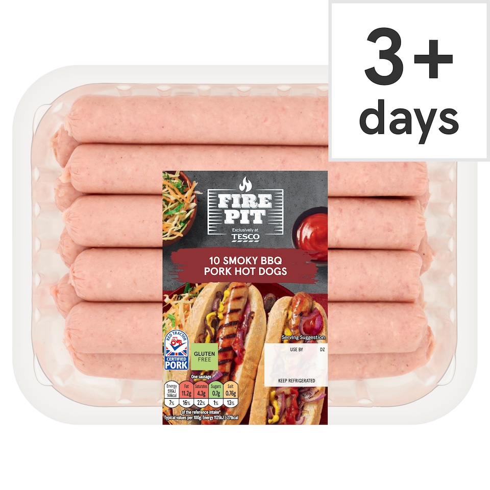 FIRE PIT Tesco Fire Pit 10 Smoky BBQ Pork hot dogs 600g