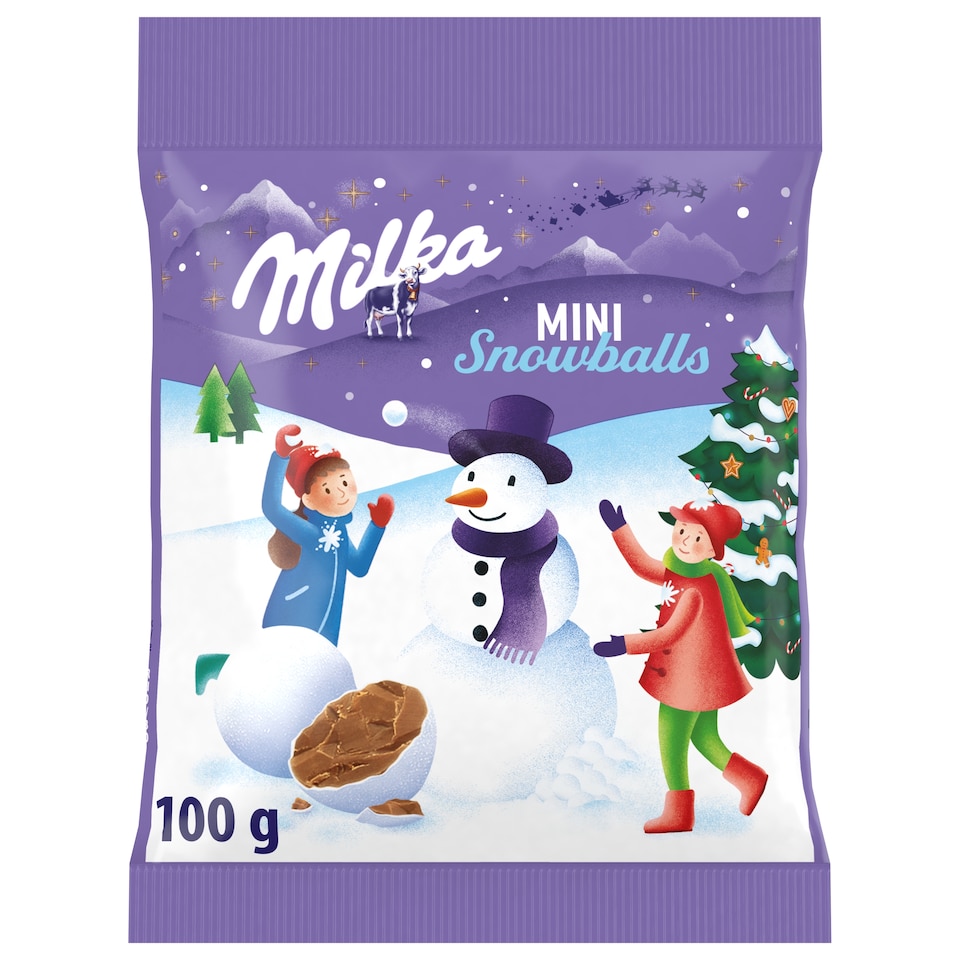 Milka Mini Snow Balls ropogós cukorbevonatú alpesi tejcsokoládé drazsé 100 g
