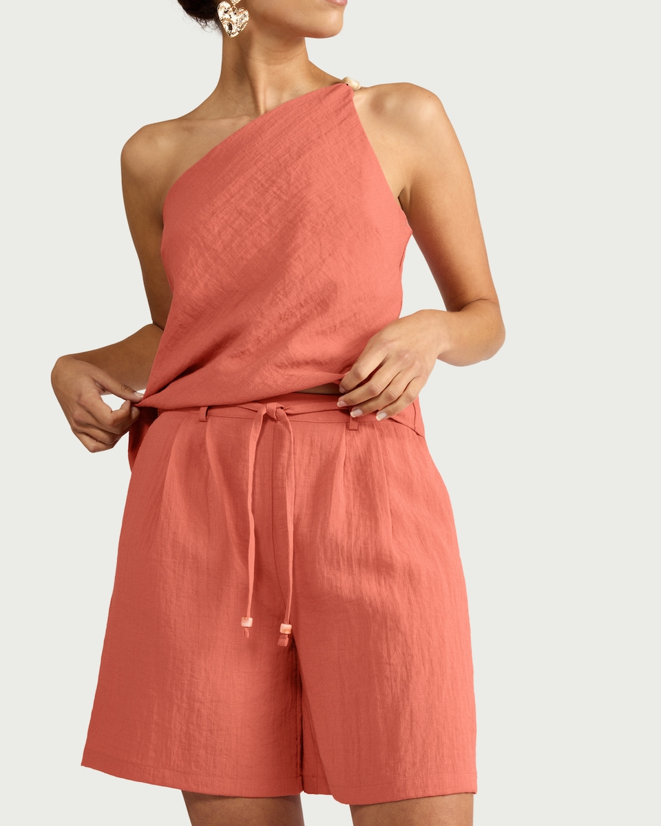 image 1 of The F&F Edit Textured Pleated Tie Waist Co-ord Shorts in Coral