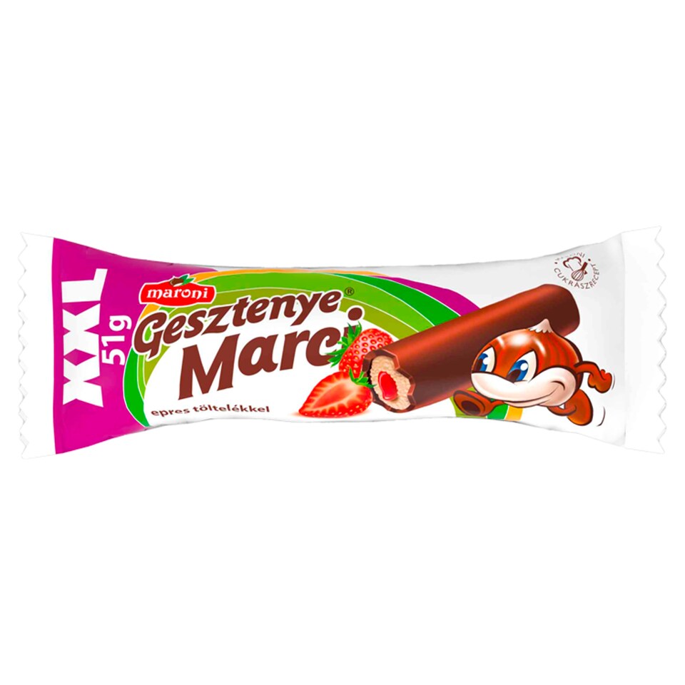 Maroni Gesztenye Marci Chestnut Sticks Dipped in Cocoa with Strawberry Filling 51 g