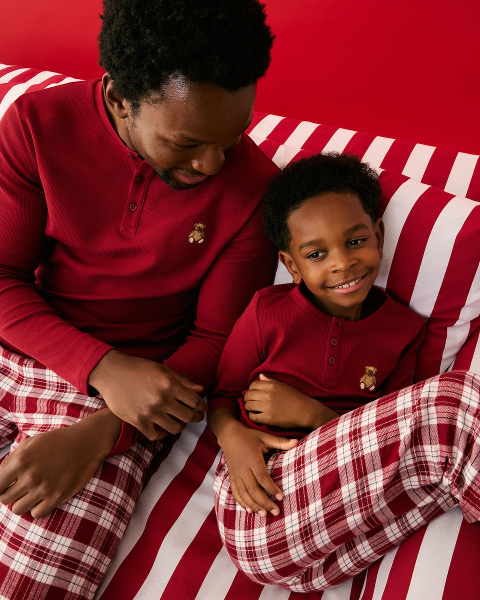 image 1 of Christmas Unisex Pure Cotton Waffle Henley Checked Pyjama Set in Red