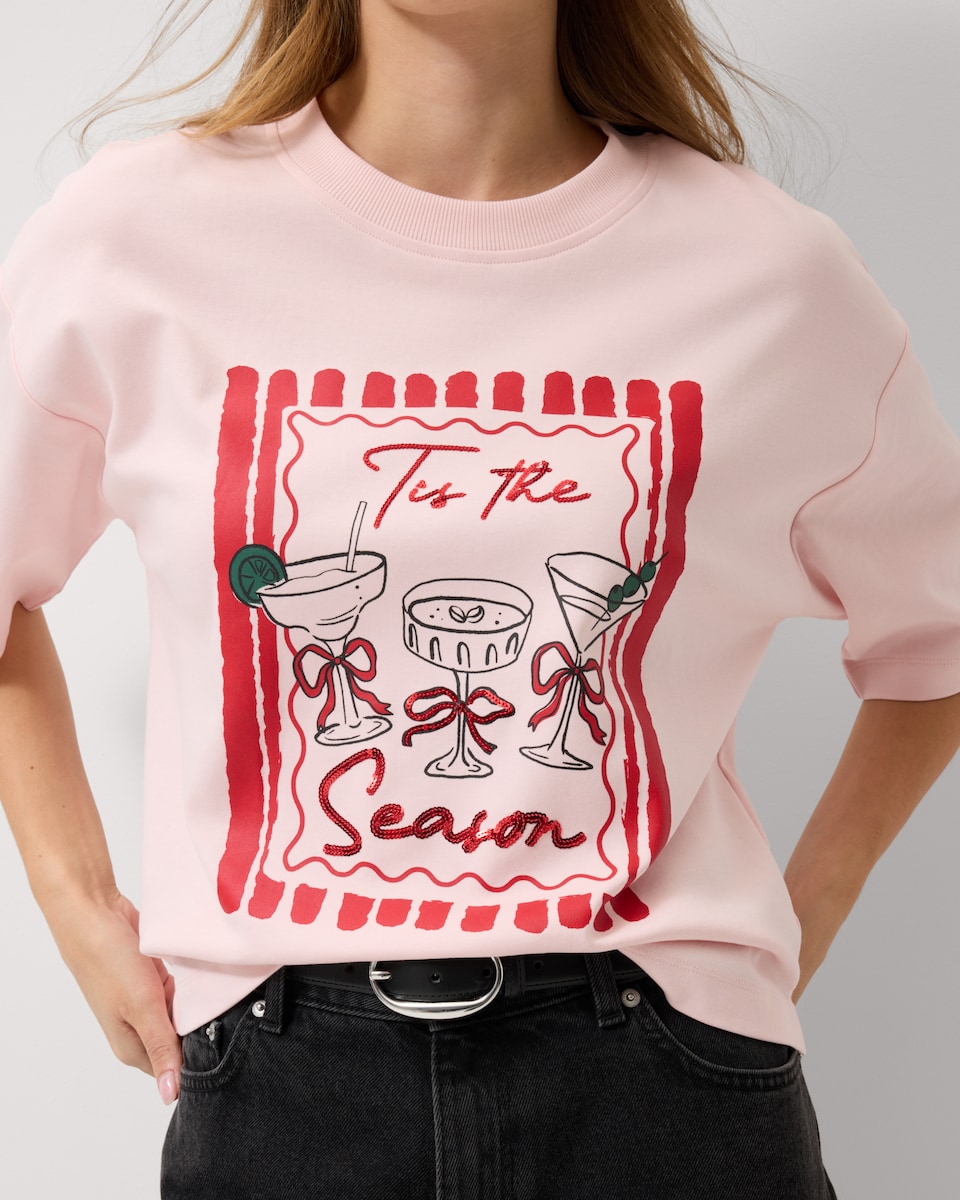 image 1 of Christmas Pure Cotton Sequin T-Shirt in Pink