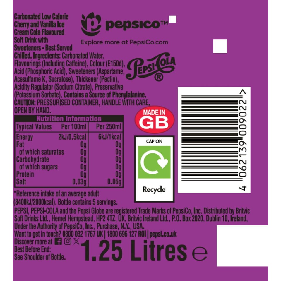 image 1 of Pepsi Zero Sugar Cherry & Vanilla Flavour 1.25L