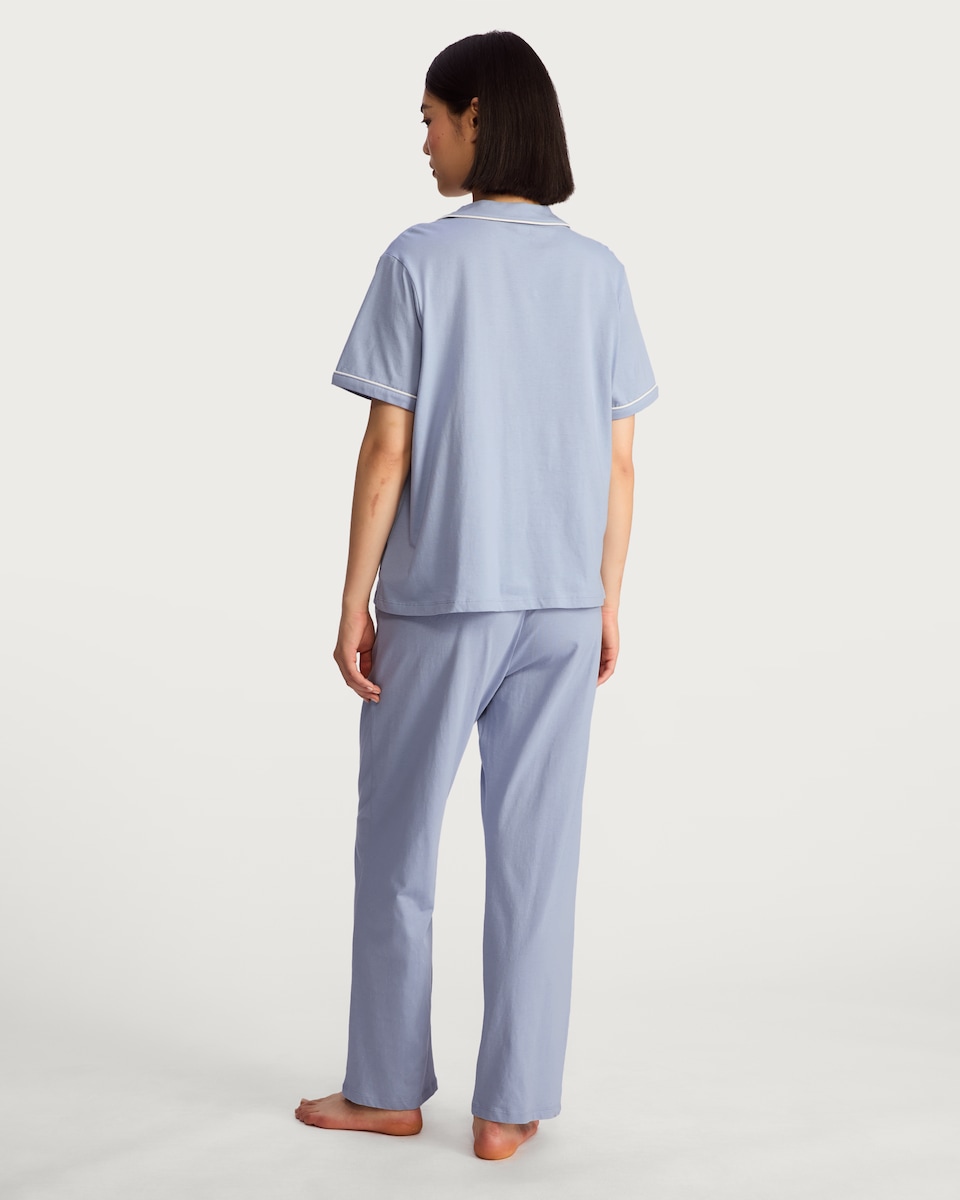 image 1 of F&F Pure Cotton Weekend Vibes Revere Pyjama Set in Blue