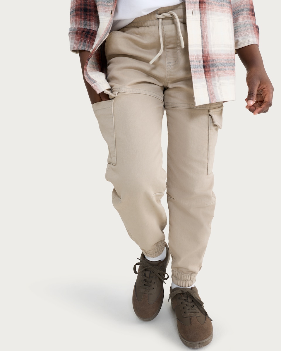 image 1 of F&F Boys Cotton Rich Cuffed Cargo Joggers in Stone