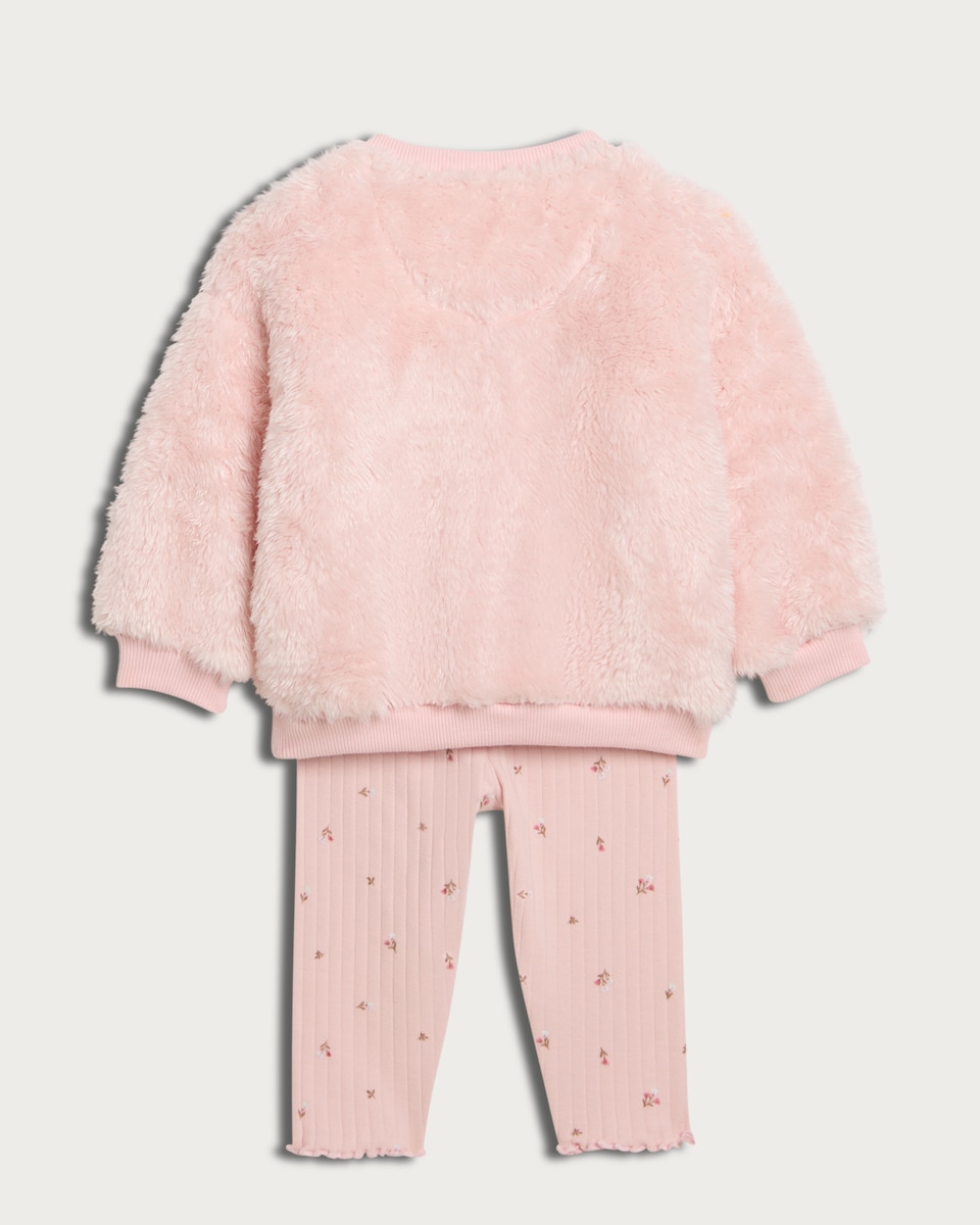image 1 of F&F Baby 3-PieceTextured Bear Motif Jumper, Leggings and Headband Set in Pink