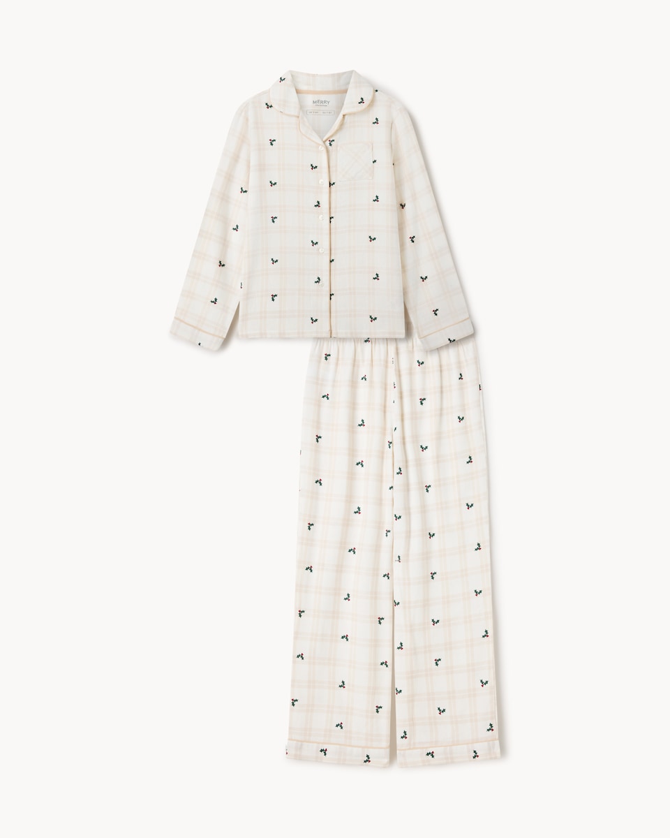 image 1 of Christmas Kids Cotton Rich Checked Holly Revere Matching Family Pyjama Set in Cream