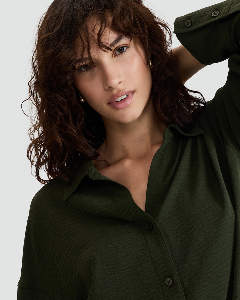 image 1 of F&F Button Up Long Sleeved Co-ord Shirt in Olive
