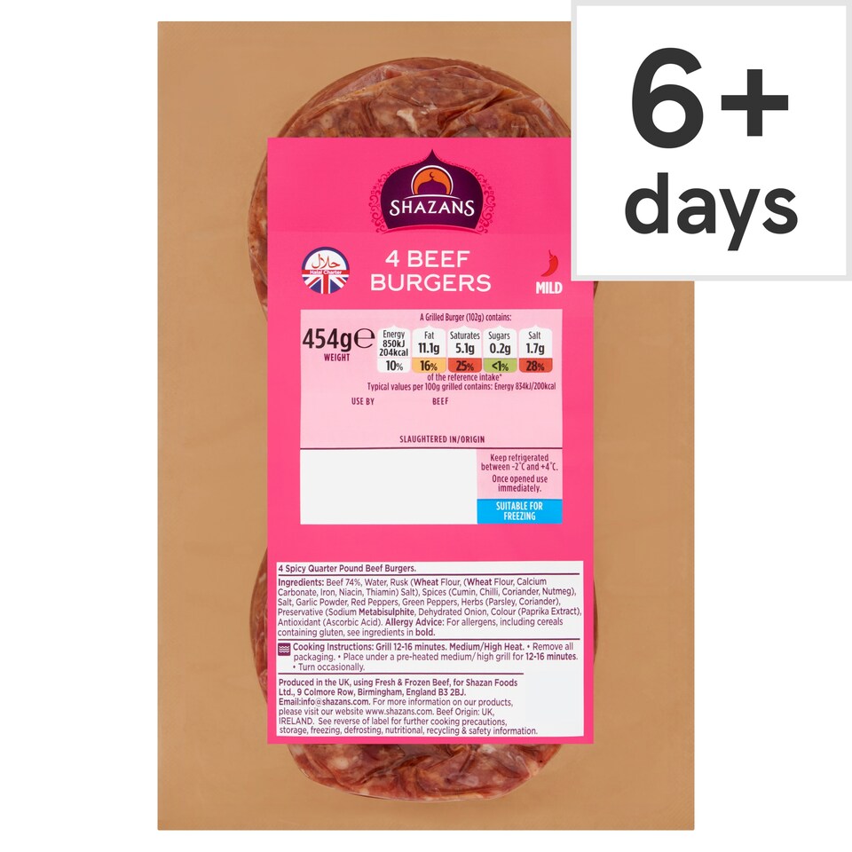 Shazans Halal Beef Burgers Quart Pounders 454G