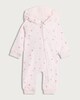image 1 of F&F Baby Cotton Rich Hooded Strawberry Print Sleepsuit in Pink