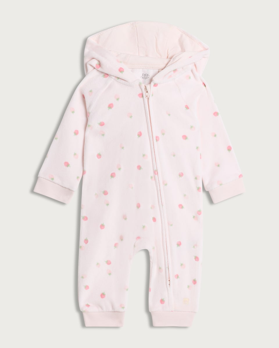 image 1 of F&F Baby Cotton Rich Hooded Strawberry Print Sleepsuit in Pink